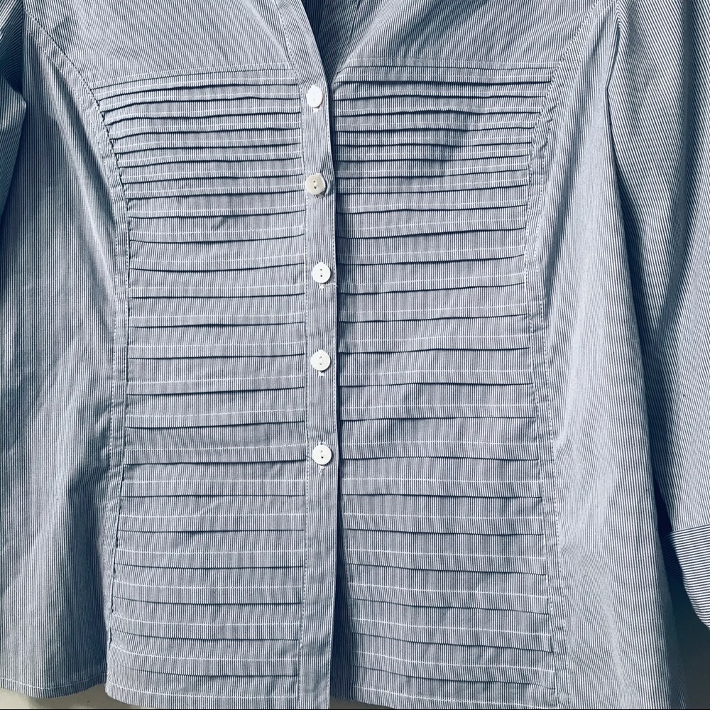 Tracy M Blue/White Pleated Cuff Sleeve Button Down - Picture 4 of 6